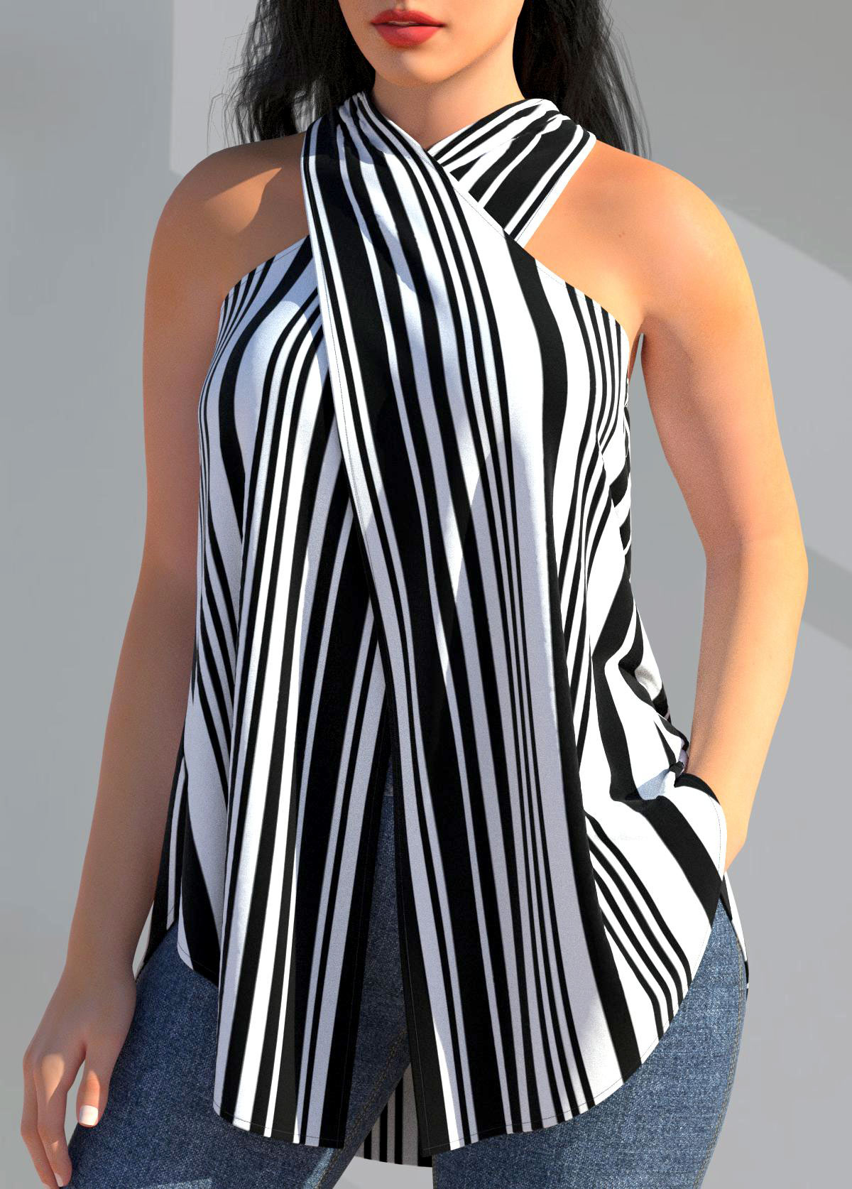 Black Cross Halter Striped Tank Top