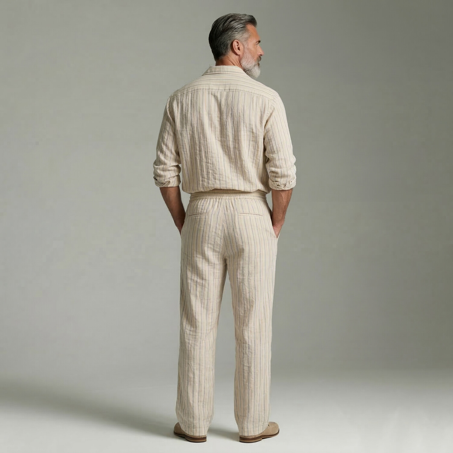 Men's Beige Pinstripe Print Lapel Collar Pullover Long Sleeve Shirt & Drawstring Pants 2Pcs Set