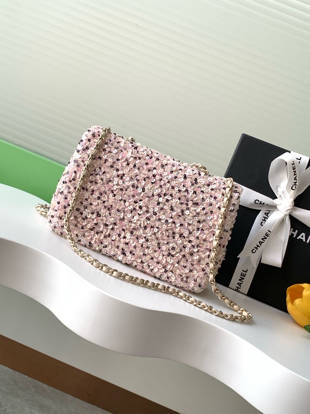 Classic Flap Mini in Light Pink Sequin - Mocuir