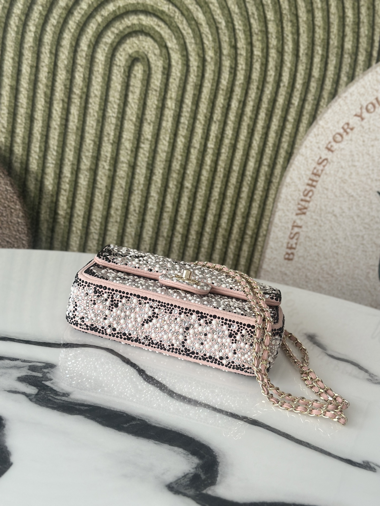 24C25C Small Classic Flap Bag in Sakura Pink Crystal & Pearl Embellished Lambskin with Leopard Pattern & Light Gold-Tone Hardware - Mocuir