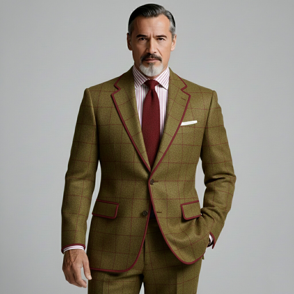 [Pre-Order] Men's Olive Green Contrast Color Plaid Notched Lapel Single Breasted Long Sleeve Blazers