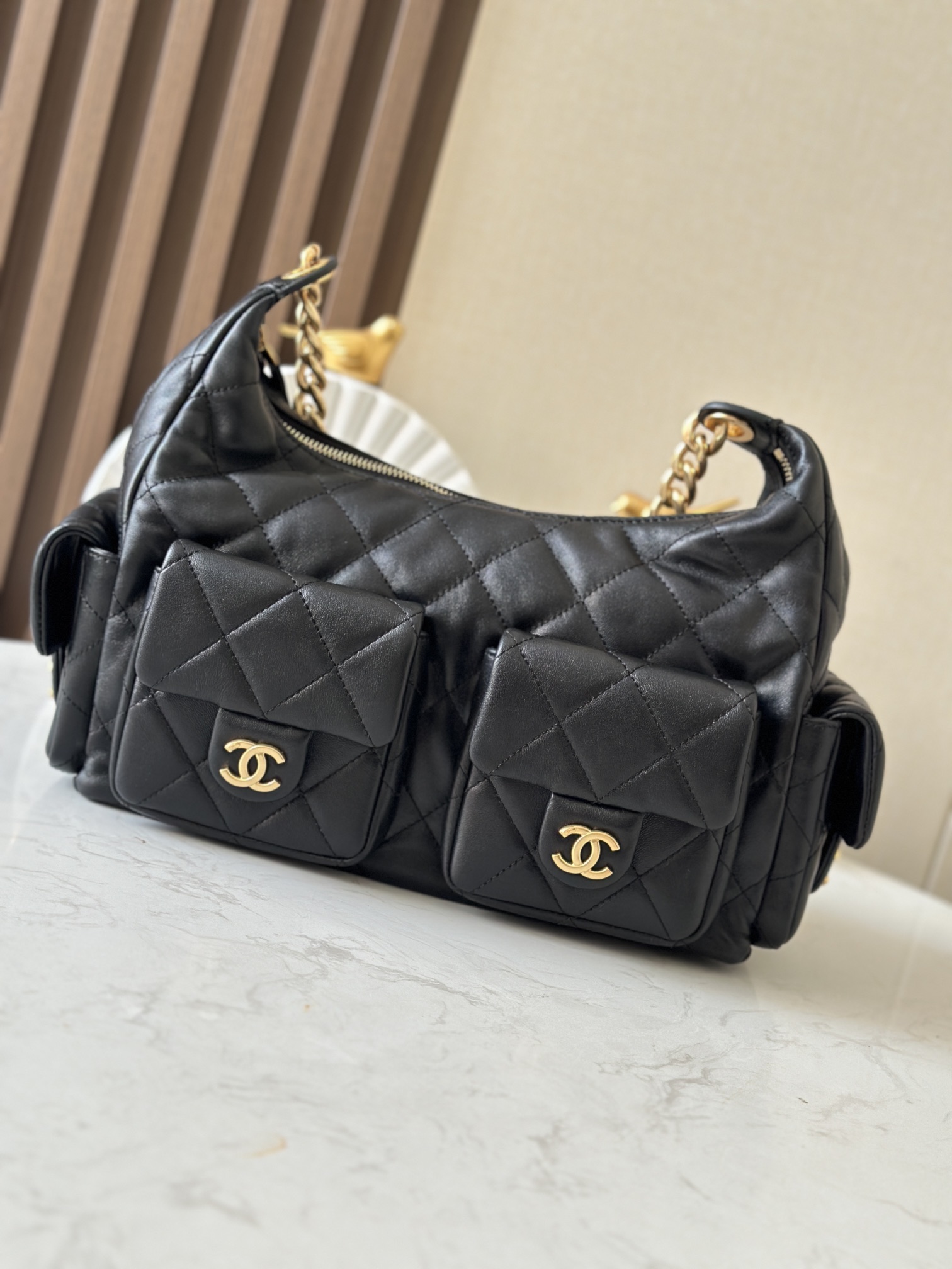 Black Quilted Lambskin Multi-Pocket Hobo Bag with Gold Hardware - Mocuir