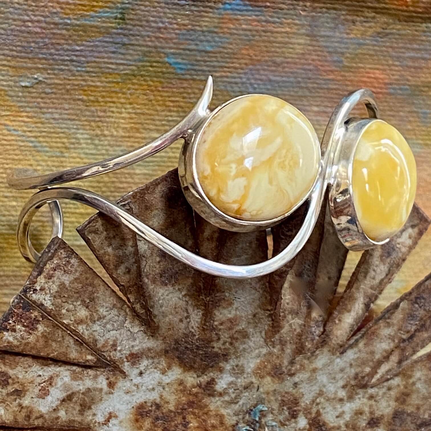 Sterling Silver Egg Yolk Baltic Amber Cuff Bracelet