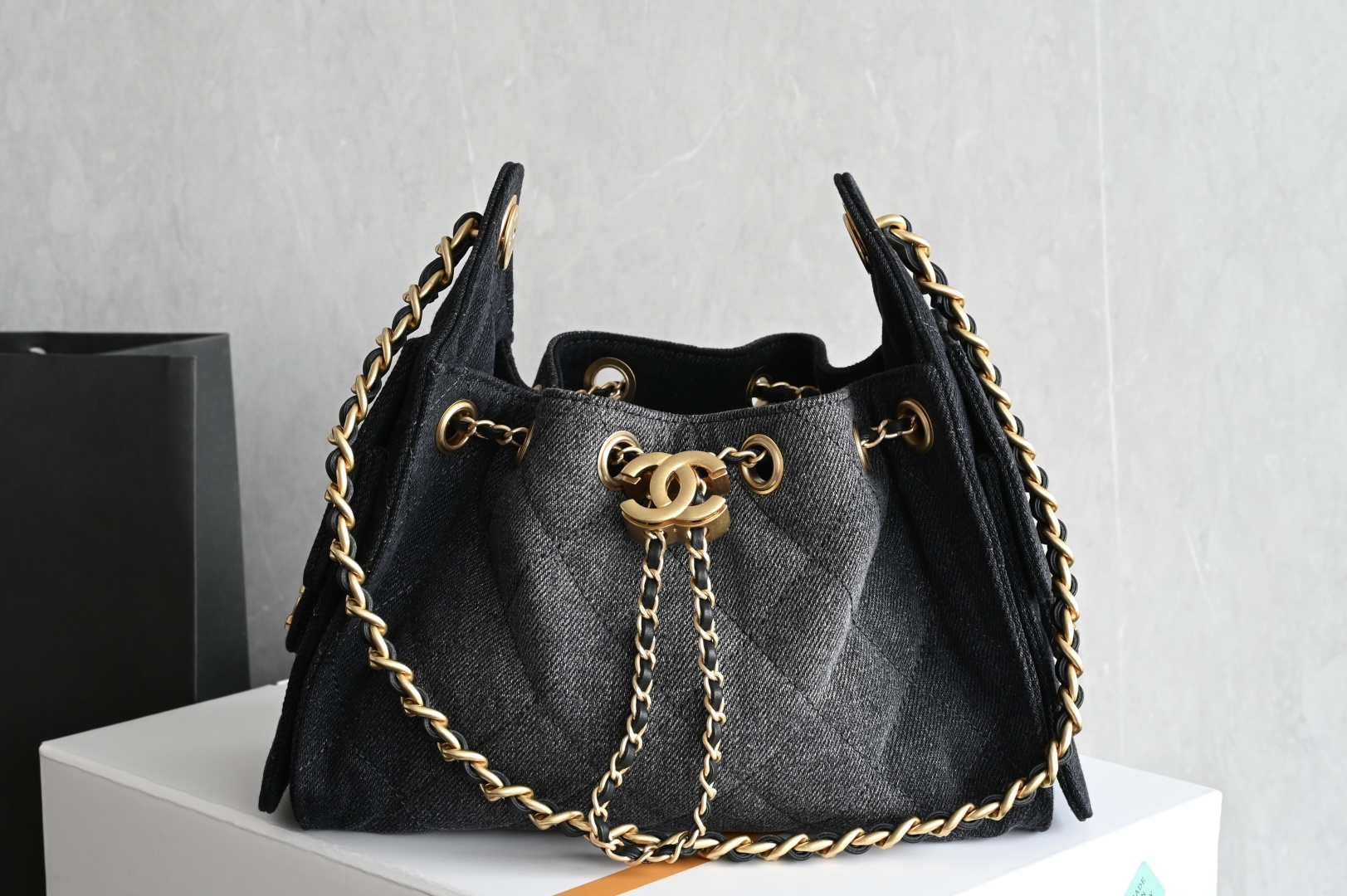 25 Mini Handbag (AS5631) in Black Washed Denim with Antique Gold-Tone Hardware - Mocuir