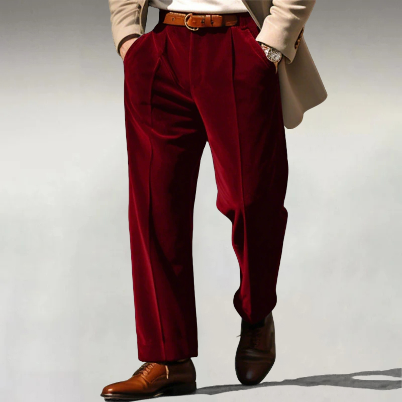 Men's Business Army Green Velvet Solid Slant Pockets Mid Waist Straight Leg Suit Pants