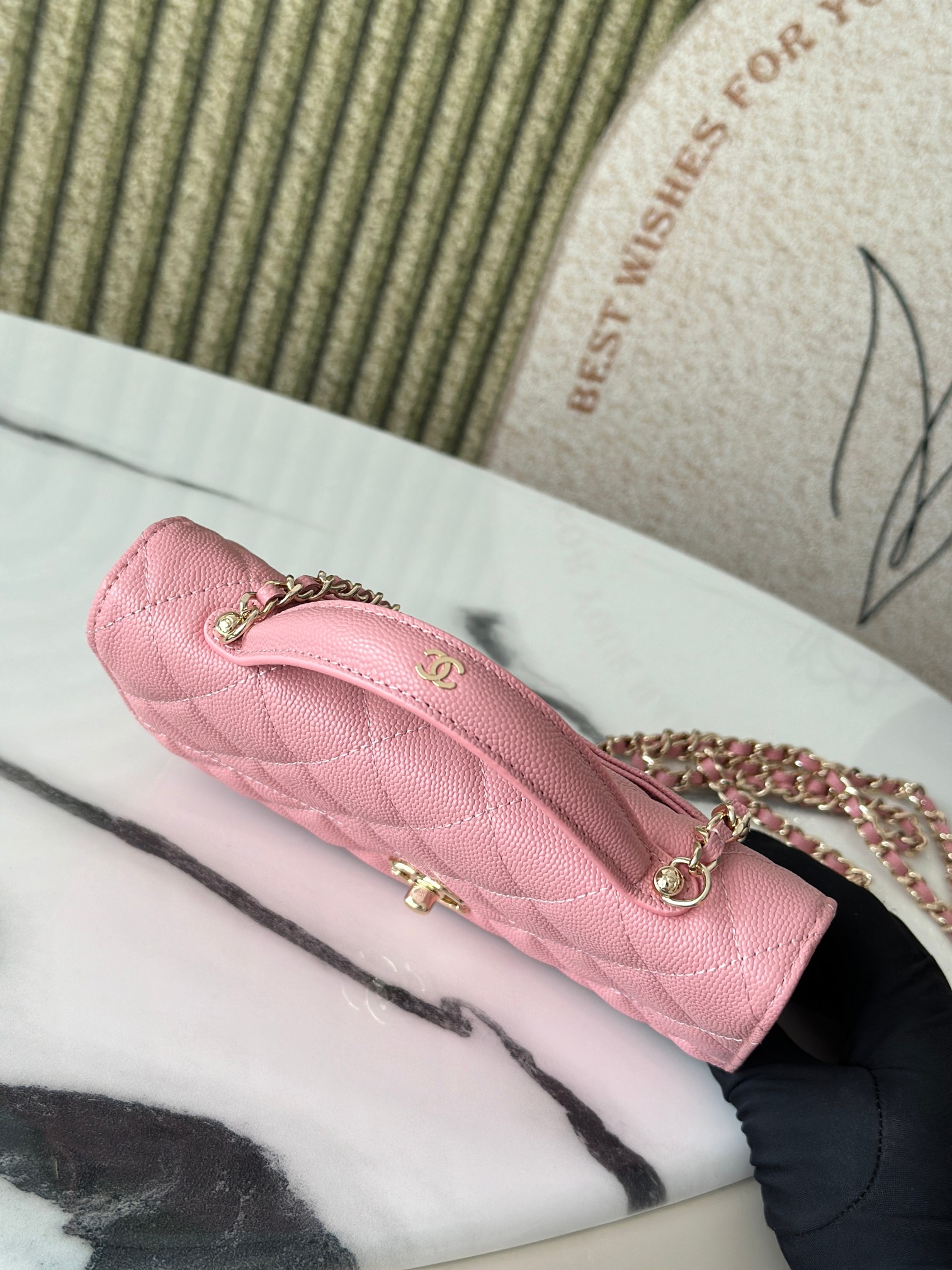 Classic Flap Mini Bag with Top Handle in Sakura Pink Caviar Leather with Light Gold Hardware (Model AP3341) - Mocuir