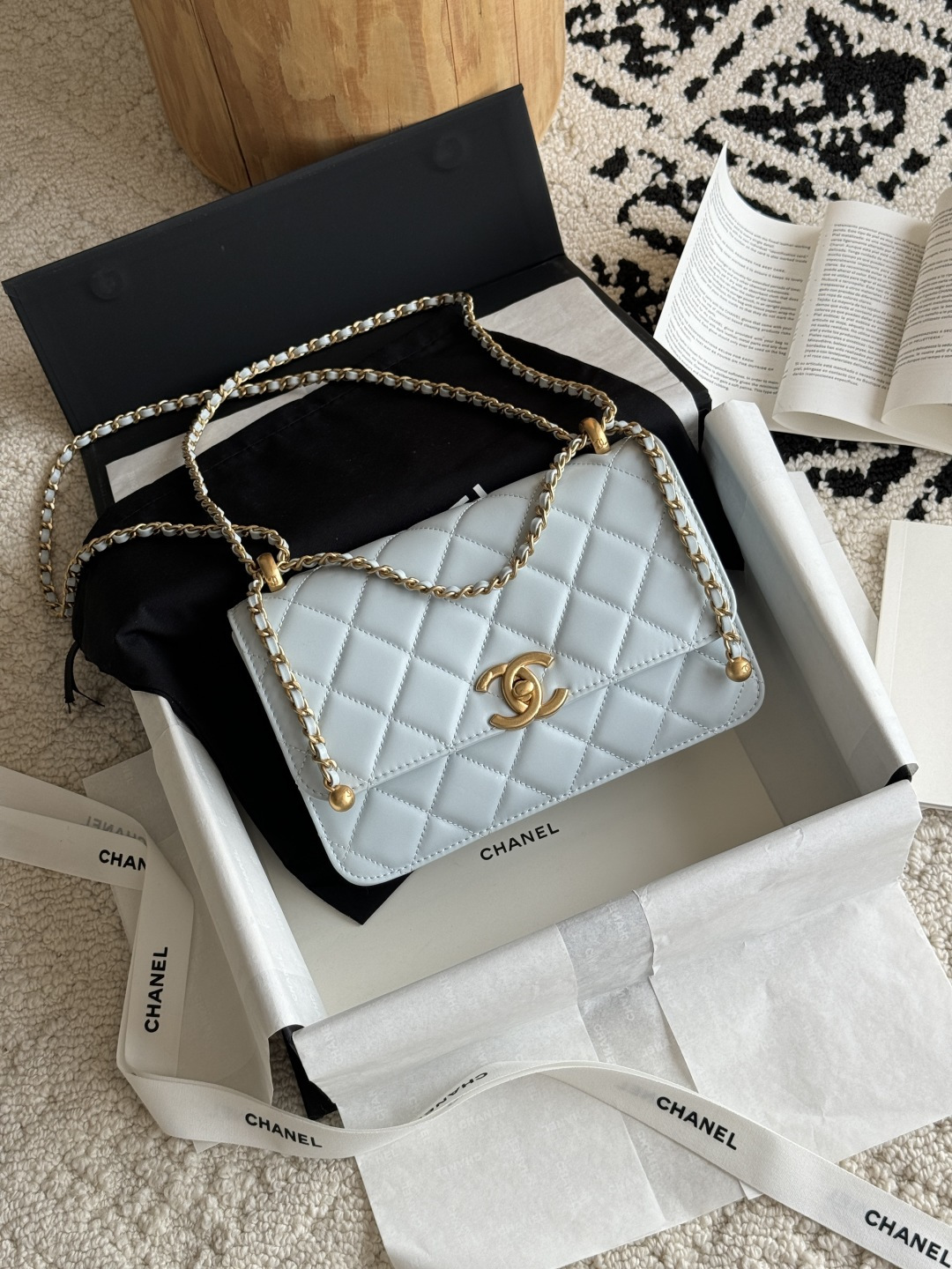 Wallet On Chain (WOC) with Double Gold Balls in Light Blue Quilted Shiny Caviar Leather with Antique Gold-Tone Hardware - Mocuir