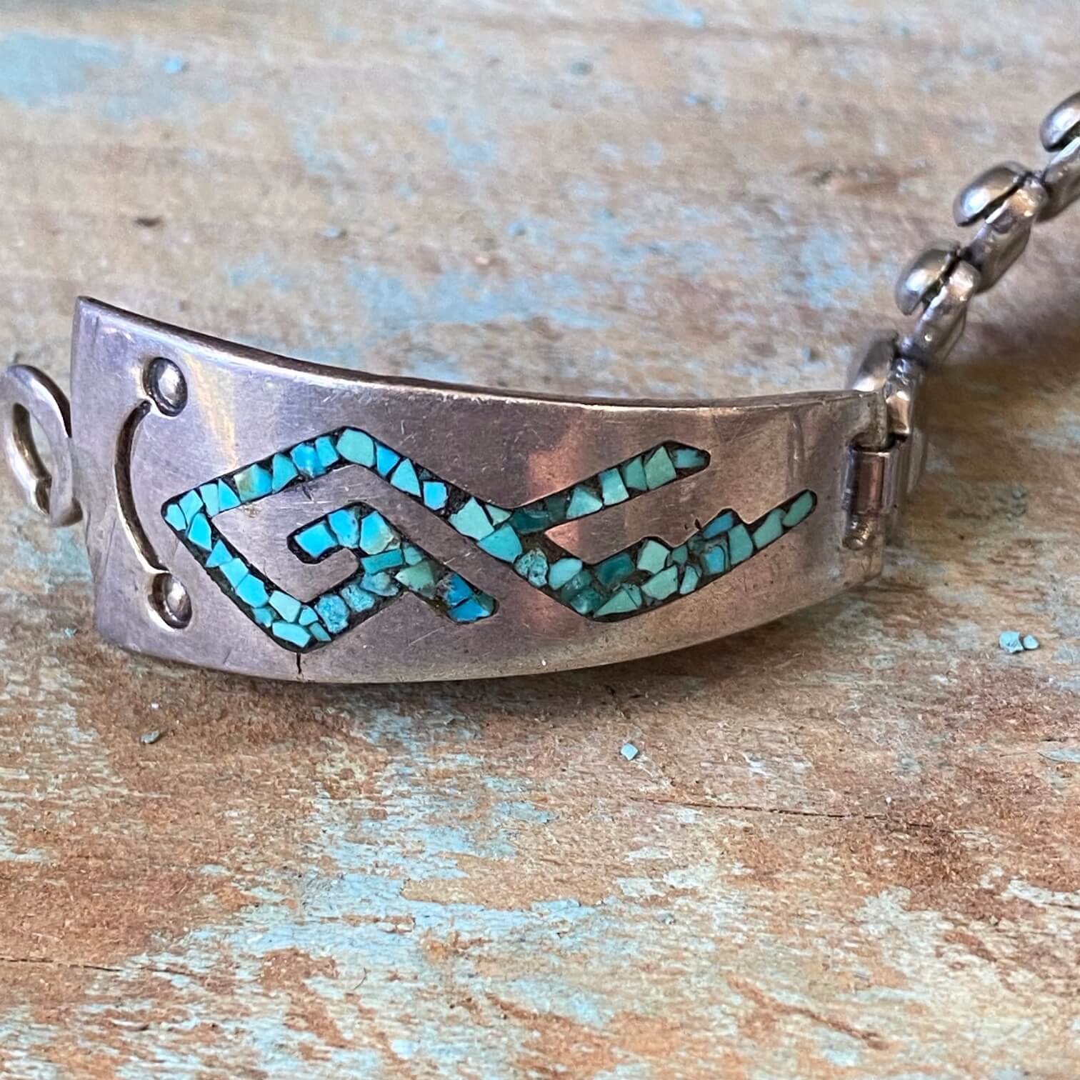 Vintage Sterling Turquoise Chip Mosaic Watch Band Plates