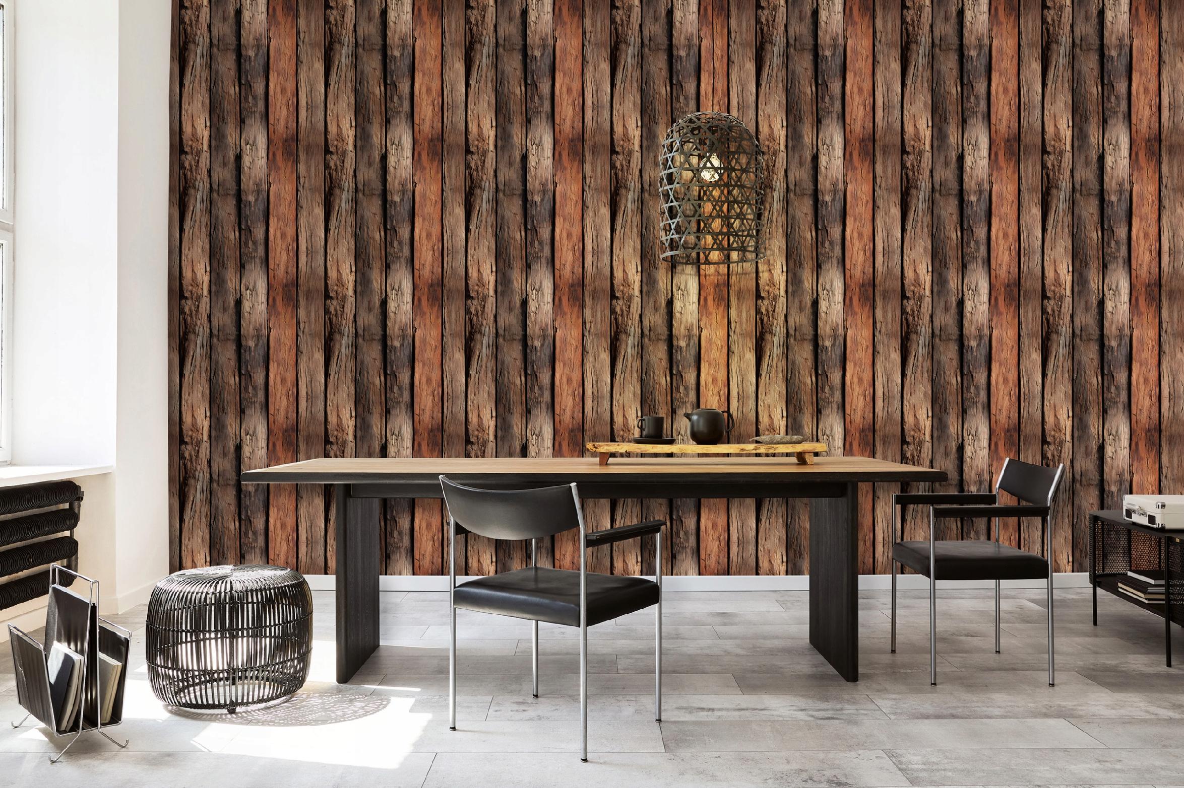 Brown natural wood plank wallpaper on non-woven fabric for living room and bedroom walls