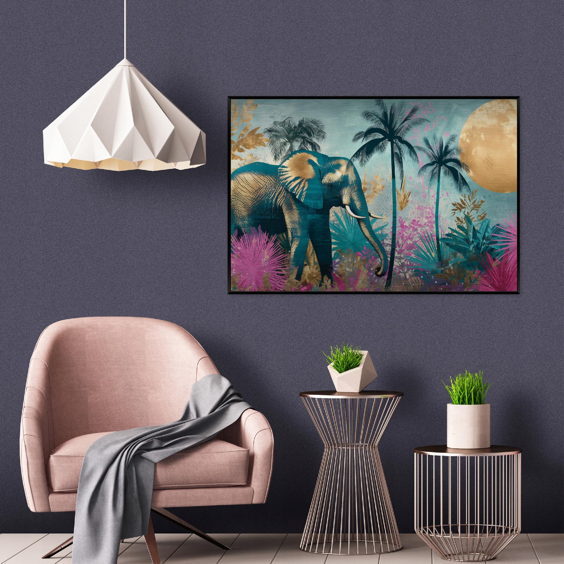 Metal canvas print in a black frame: elephant, jungle, loft, living room, bedroom, 120x80