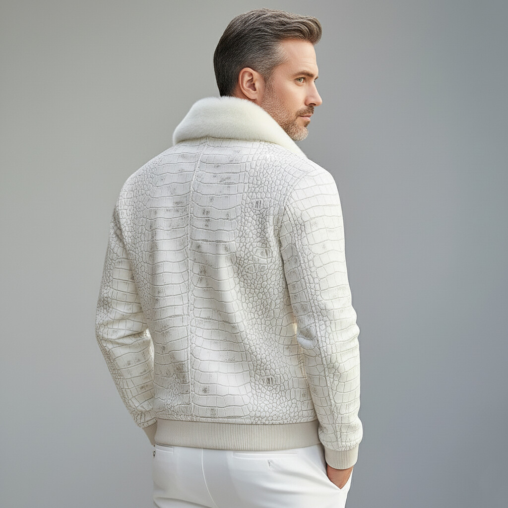 Men's Beige Plush Collar Long Sleeve Zipper Pockets Crocodile Pattern PU Leather Jacket