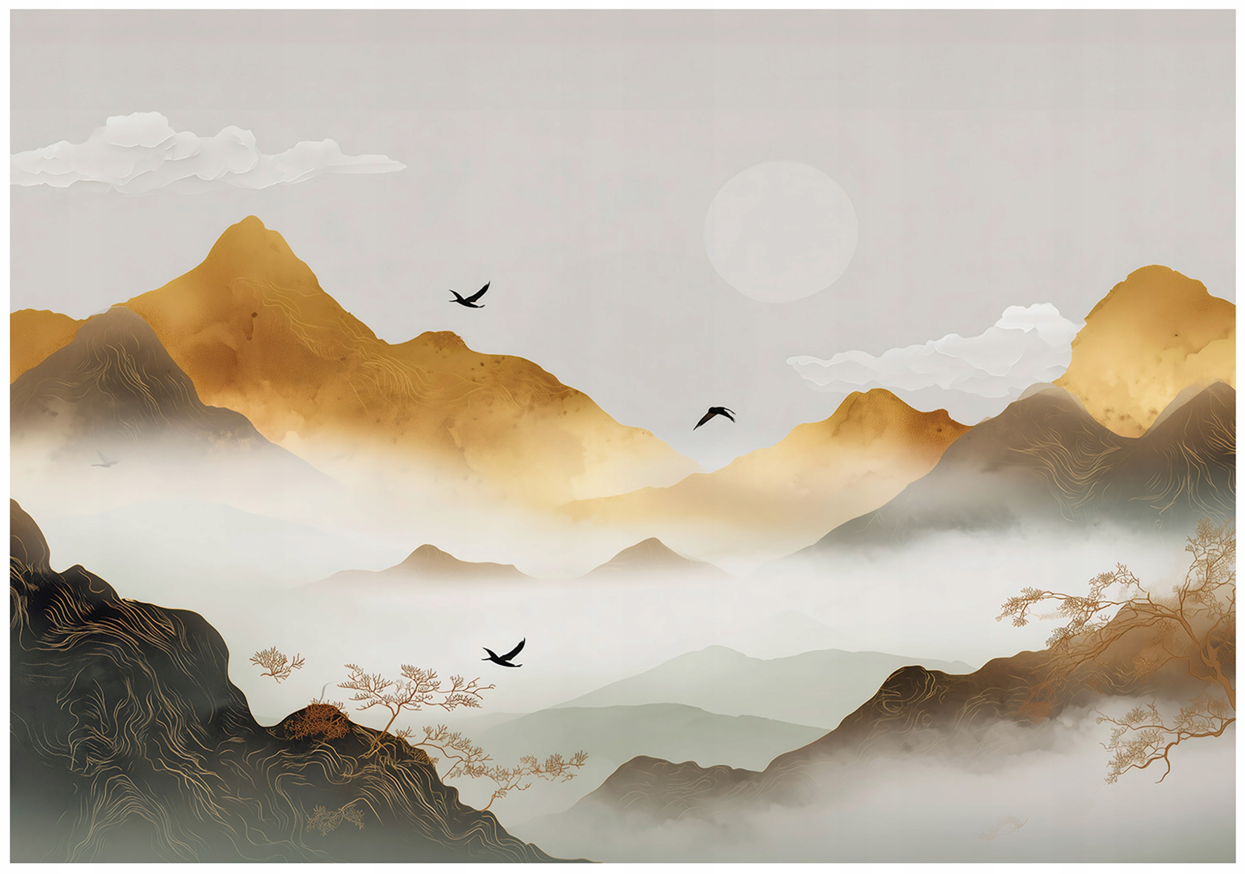 Boho beige mountain landscape wall mural, bedroom, living room, non-woven wallpaper,