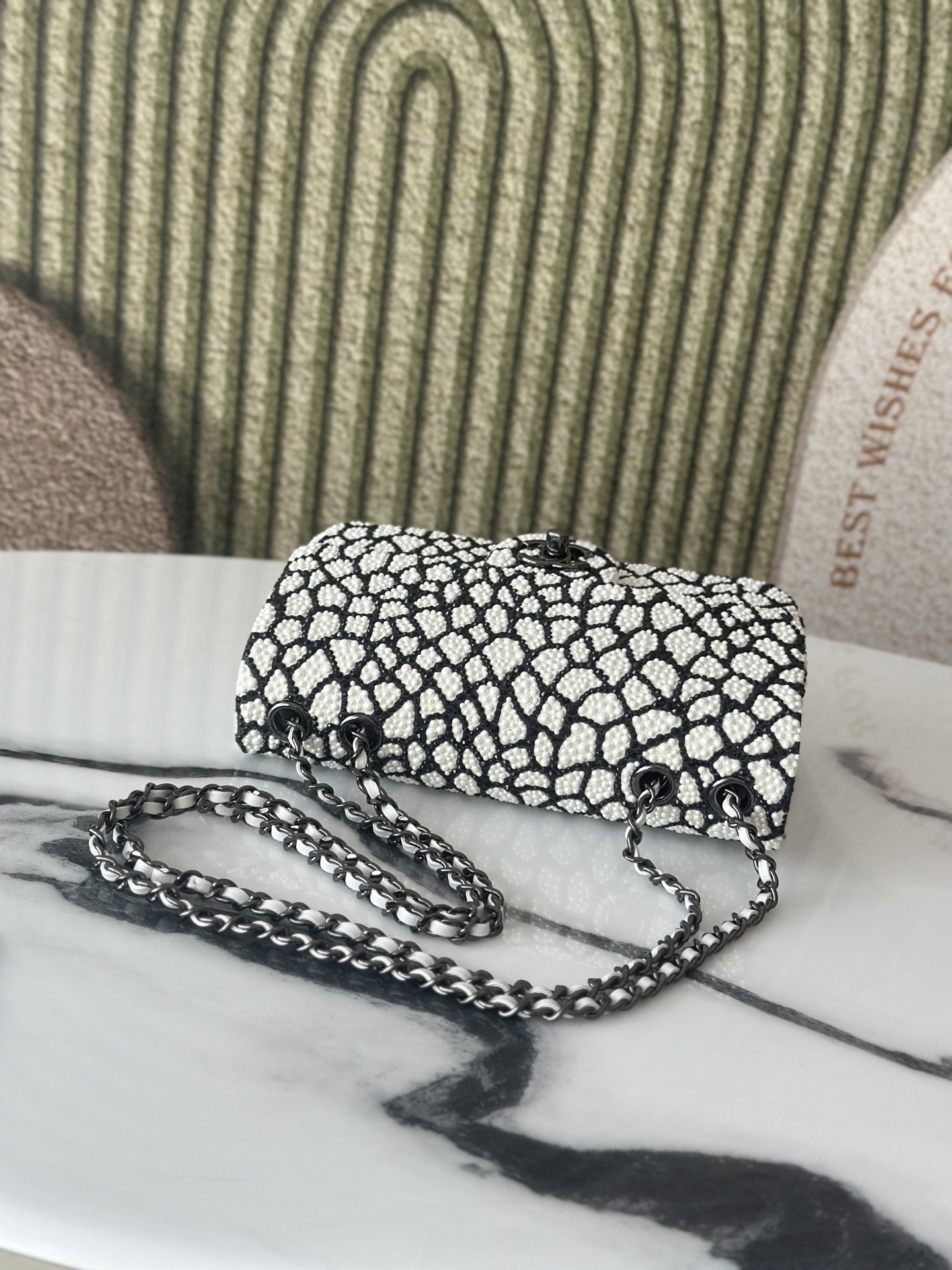 Classic Flap Mini Bag in Black & White Pearl Embellished Crocodile Pattern (Black Hardware) - Mocuir