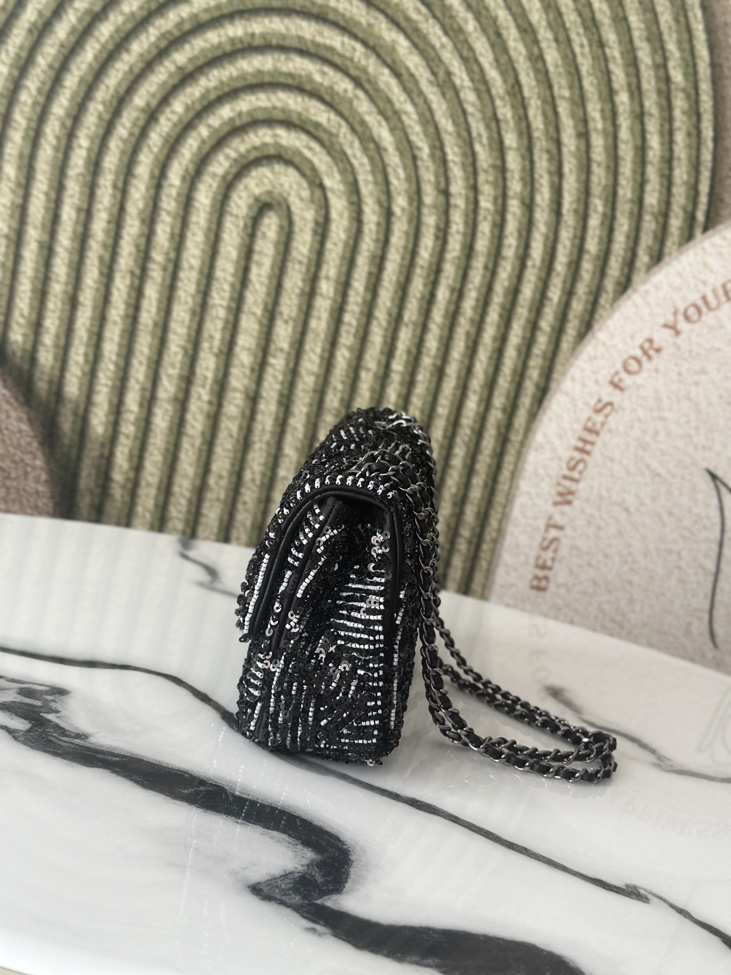 25C Classic Flap Black & White Diagonal Stripe Sequin Bag - Mocuir