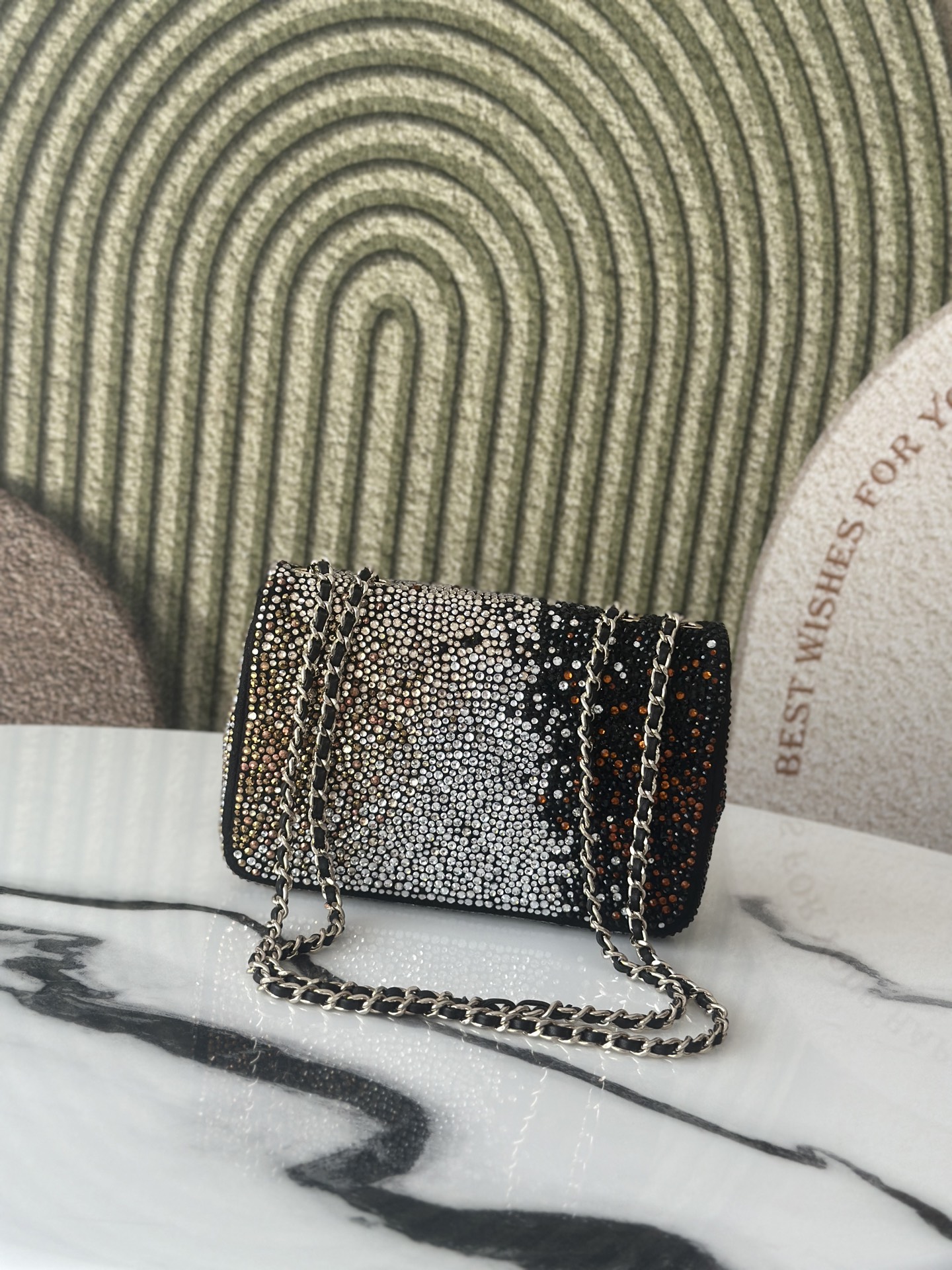 Classic Flap Mini Bag in Black Ombré Strass Crystal Embellished Suede (Gold Hardware) - Mocuir