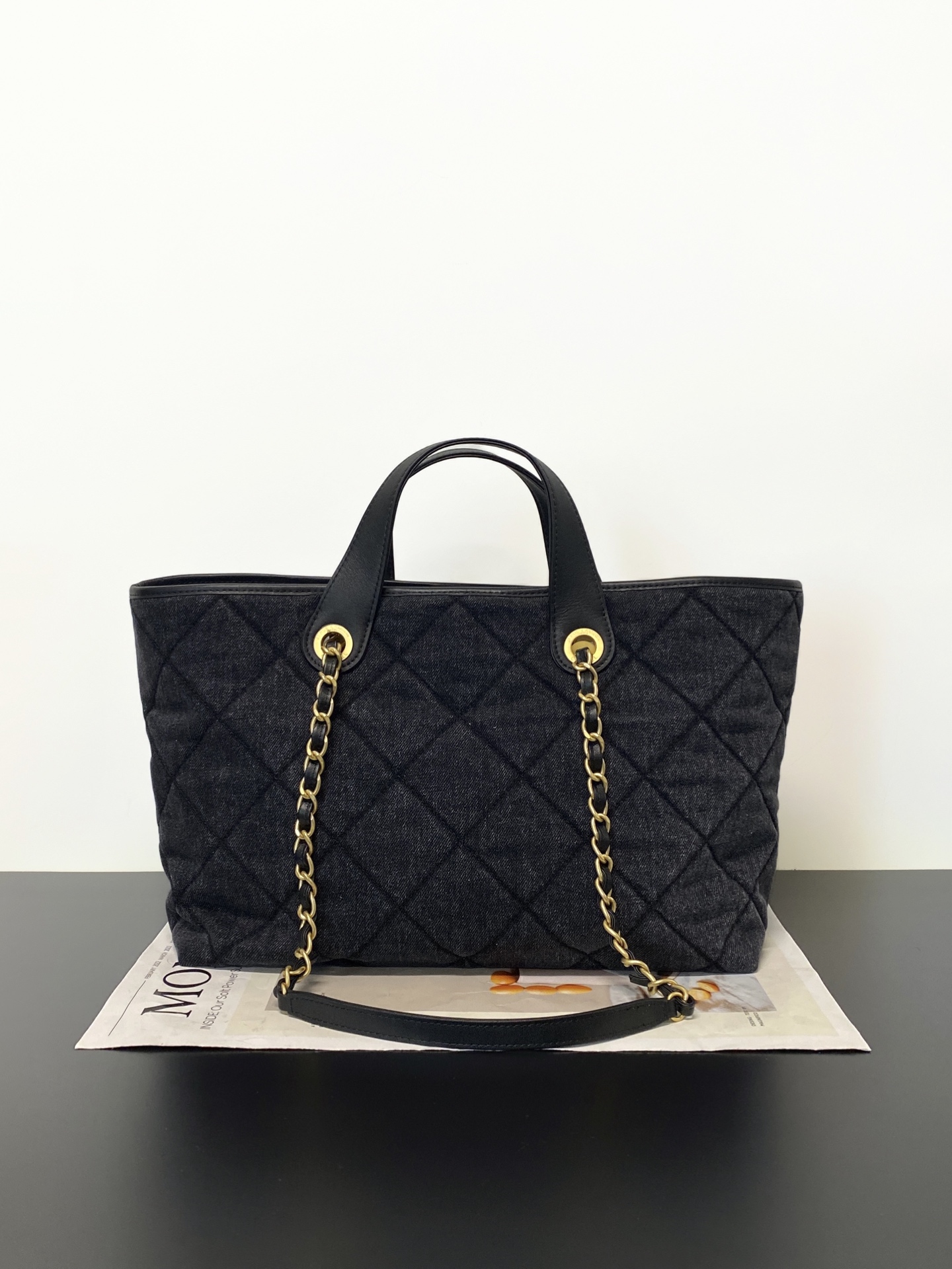 26C Denim Tote Bag in Black Washed Denim with Antique Gold Hardware (Model AS5640) - Mocuir