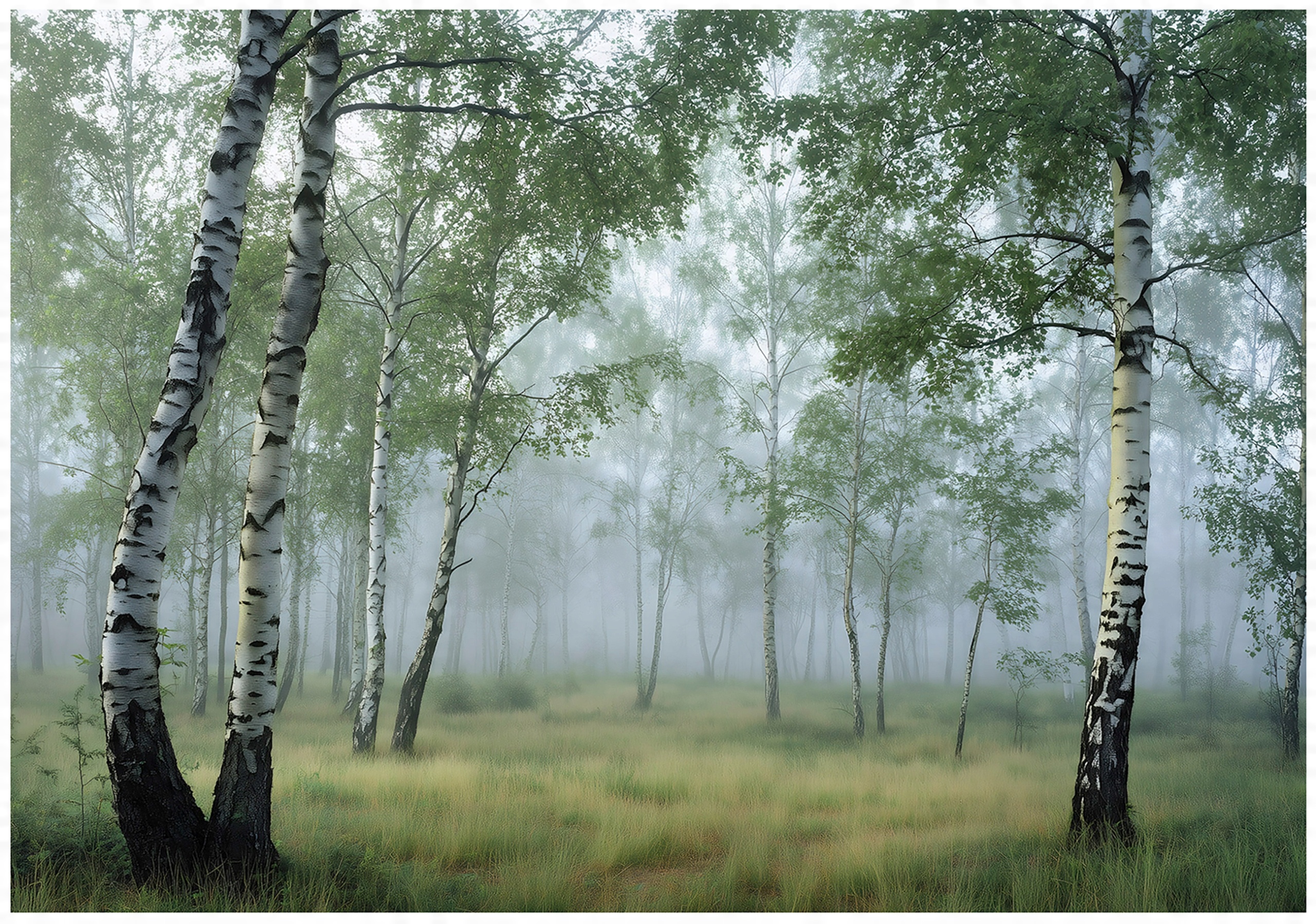 3D birch forest wall mural, green trees, for bedroom or living room wall,