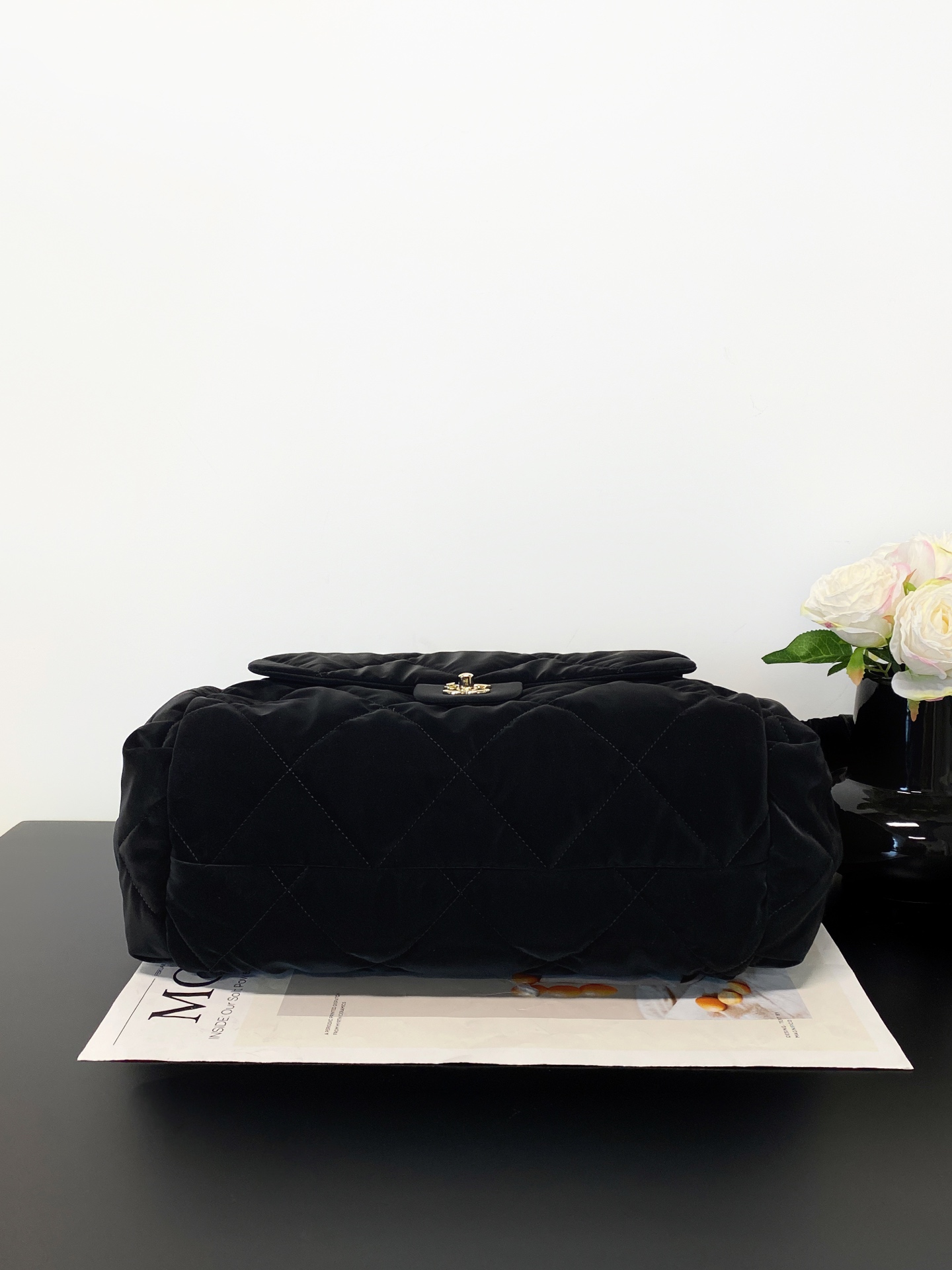 25N Ski Collection Large Hobo  Bowling Bag in Black Technical Suede Nylon with Gold Hardware (Model AM7141) - Mocuir