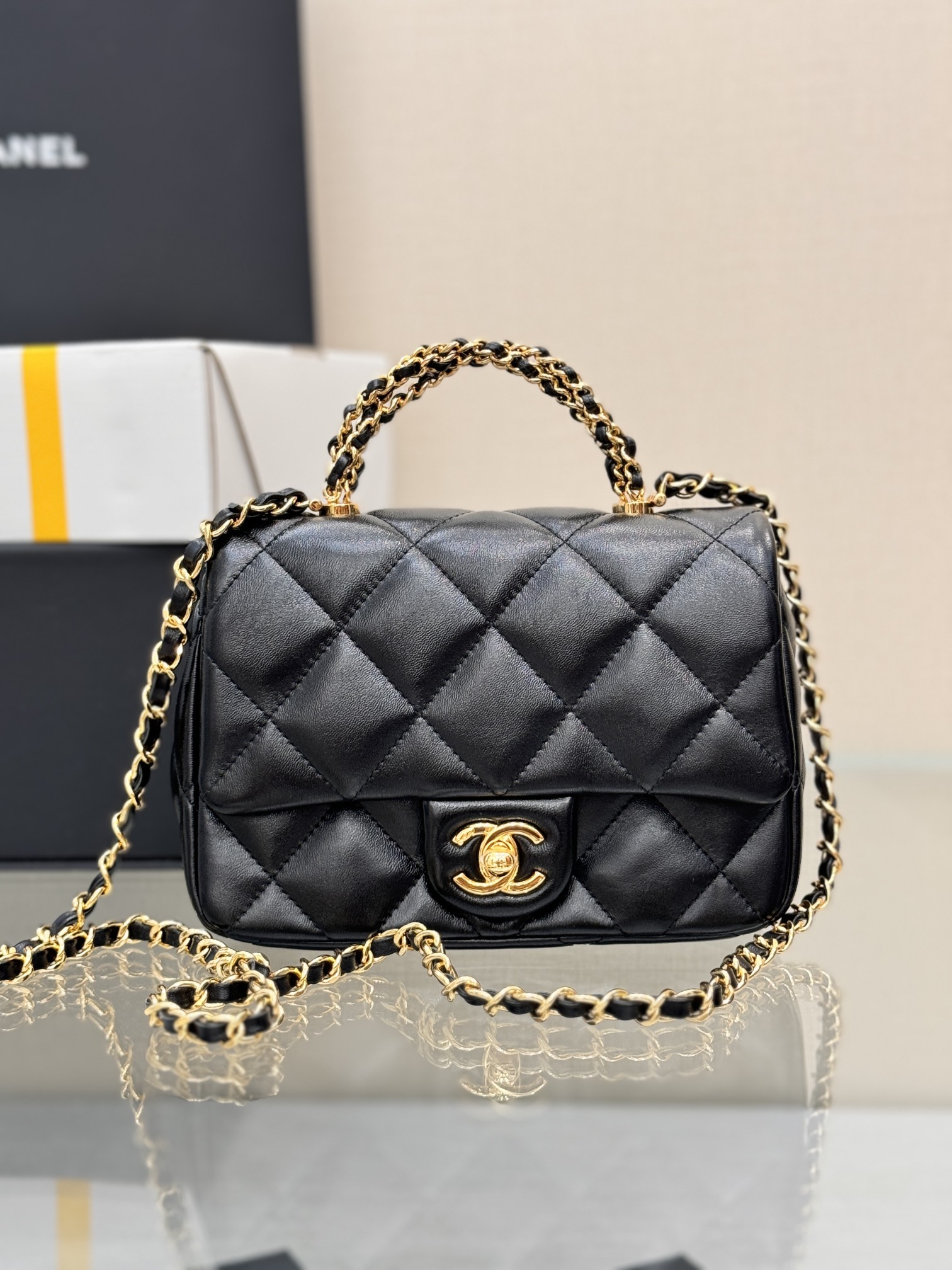 24B Classic Flap Mini with Twist Handle in Black Waxed Lambskin with Gold-Tone Hardware (Model AS5166) - Mocuir