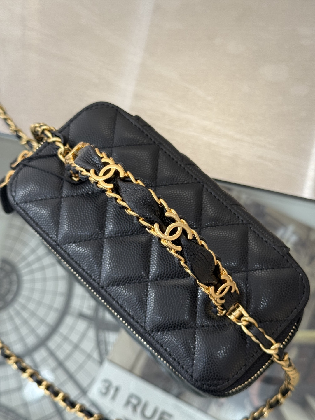 25C Top Handle Long Vanity Case (AS5221) in Black Quilted Grained Calfskin with Antique Gold-Tone Hardware - Mocuir