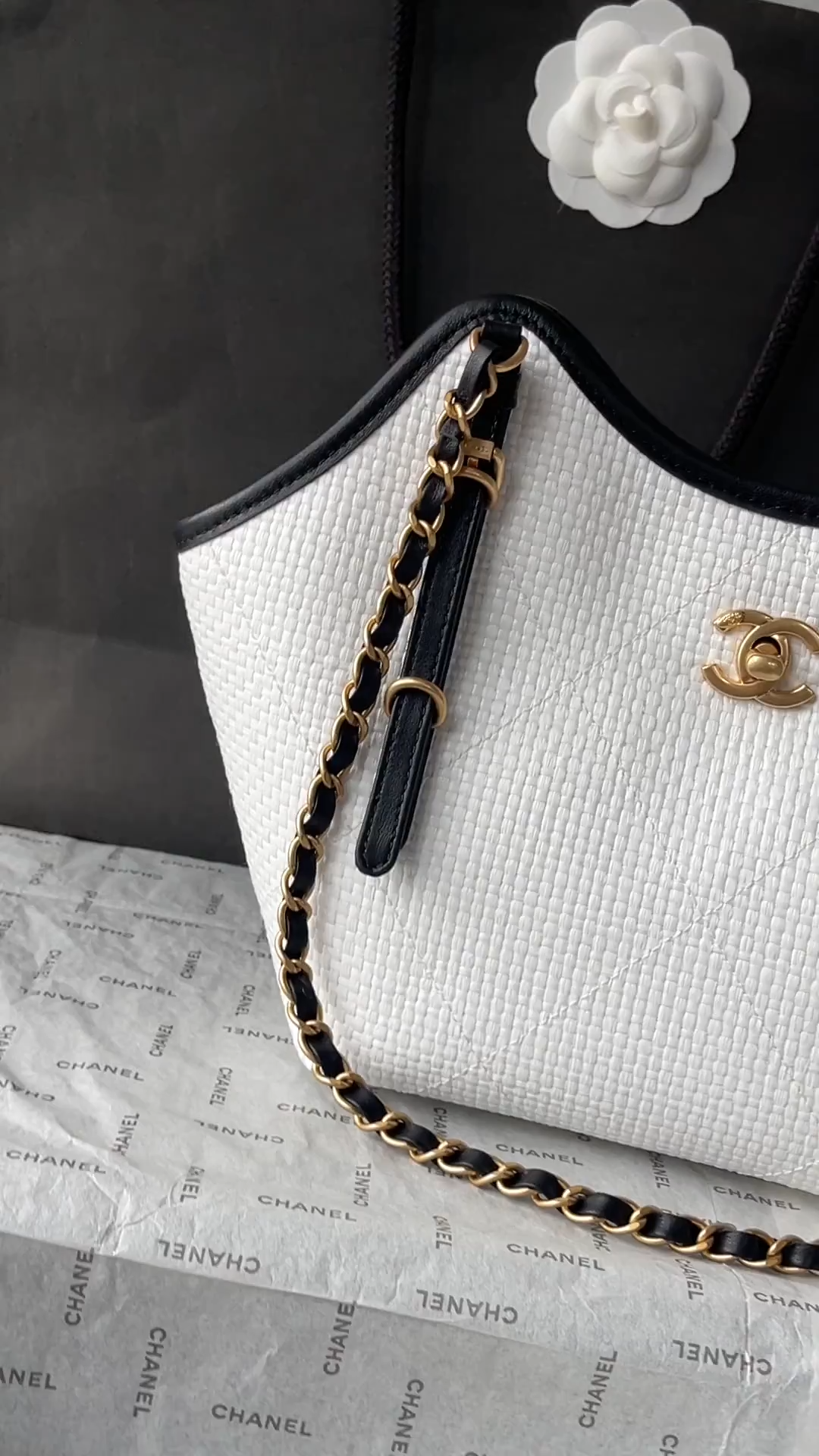 25C White Woven Straw Small Tote Handbag with Black Calfskin Trim and Gold-Tone Hardware - Mocuir