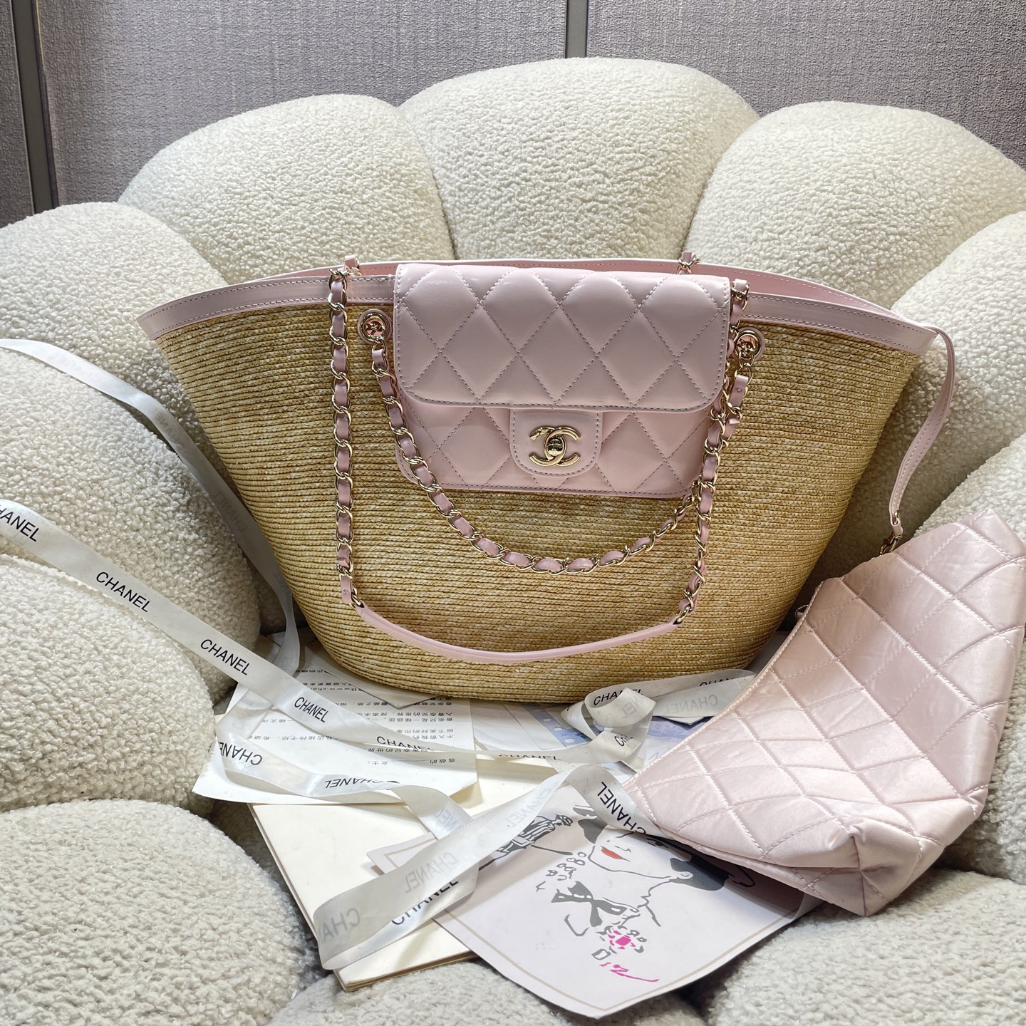 Straw & Lambskin Tote Bag with Pouch in Sakura Pink with Gold-Tone Hardware, 25C Cruise Collection - Mocuir