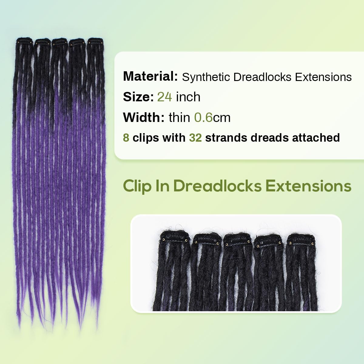 8PCS Clip in Dreadlock Extensions, 24 inch Synthetic Clip-in Dreads Extensions Handmade Soft Thin 0.6cm Width Dreadlocks(black/purple, Clip-in 32 Strands)
