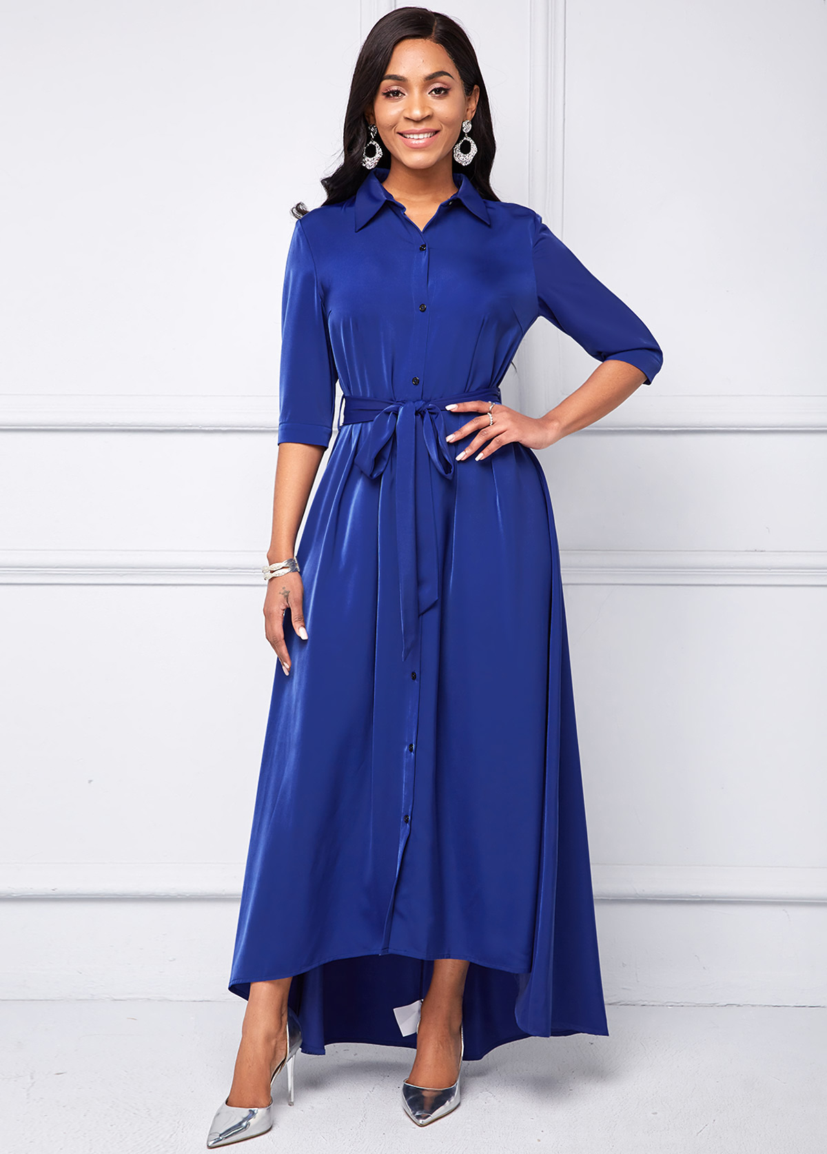Button Up Turndown Collar Belted High Low Dress