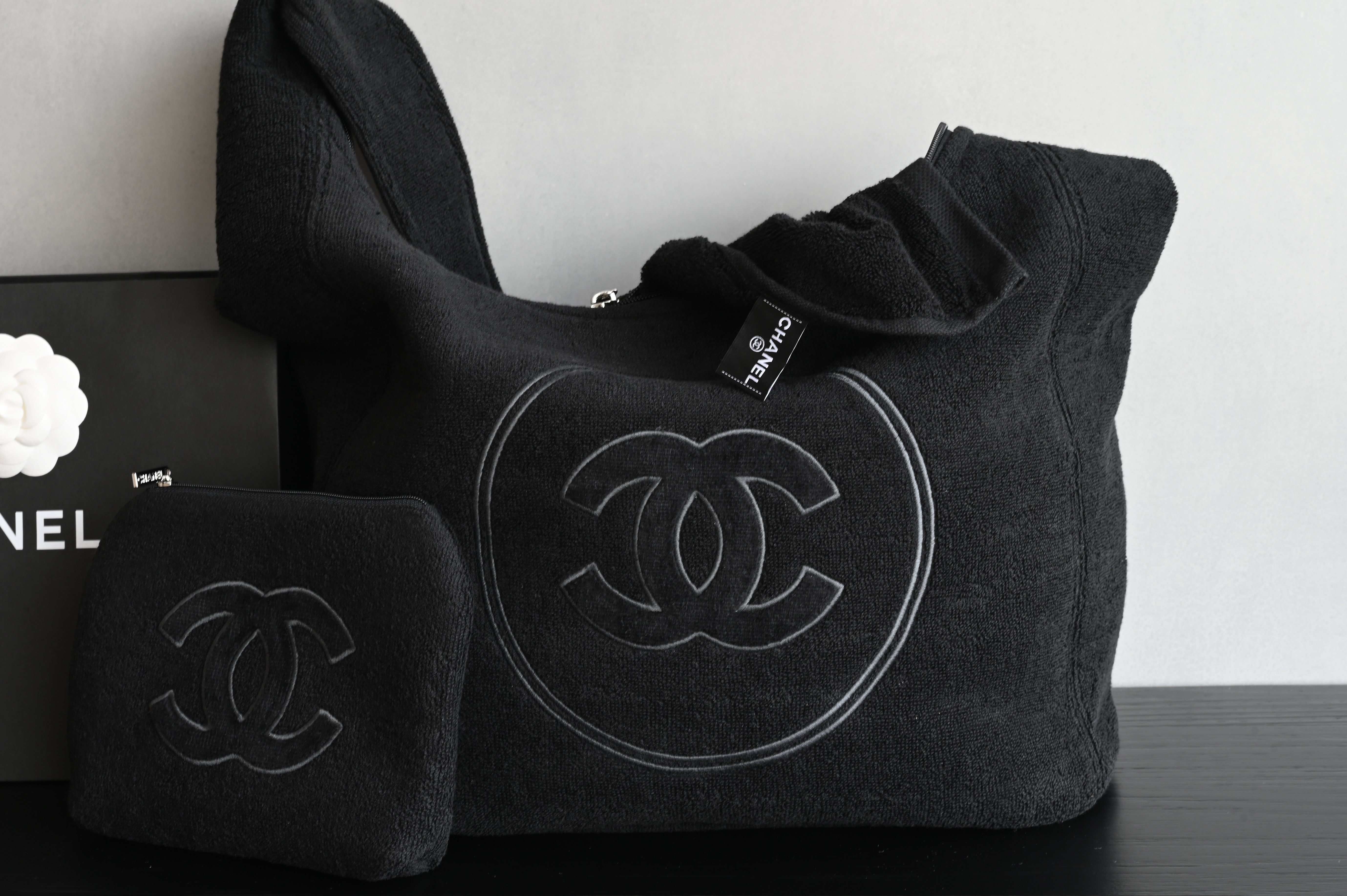 Coco Beach Hobo Tote Bag with Pouch in Black Terry Cotton (Model A82901) - Mocuir