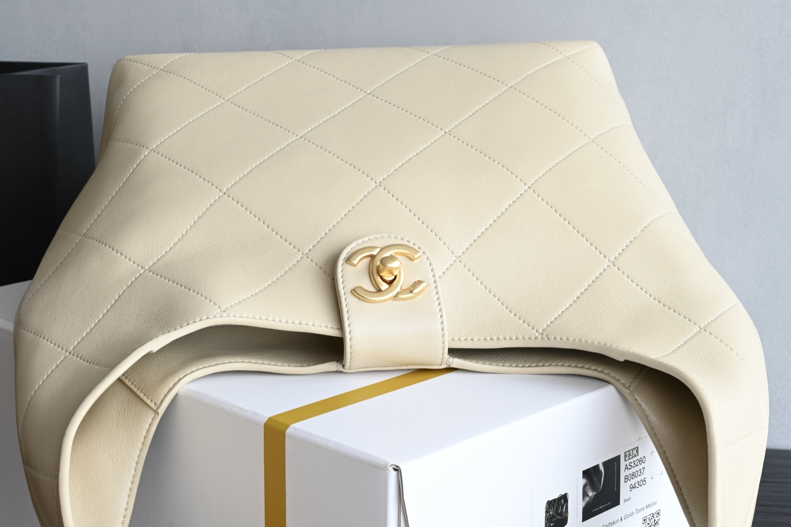 MAXI HOBO Bag in Beige Shiny Lambskin with Gold-Tone Hardware (Model AS5838) - Mocuir