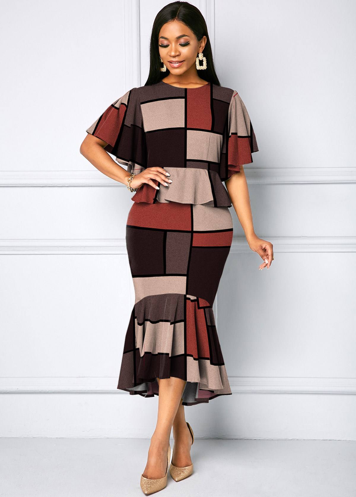 Plaid Butterfly Sleeve Contrast Mermaid Dress