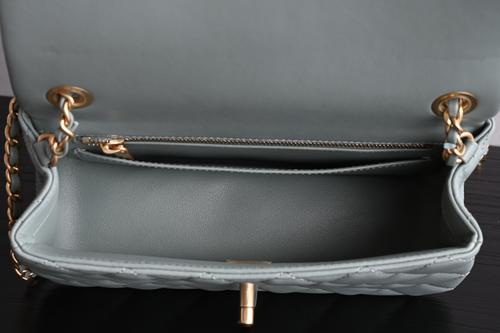 Classic Flap Large Mini with Adjustable Ball Chain in Mint Green Lambskin with Light Gold-Tone Hardware (Model AS1787) - Mocuir