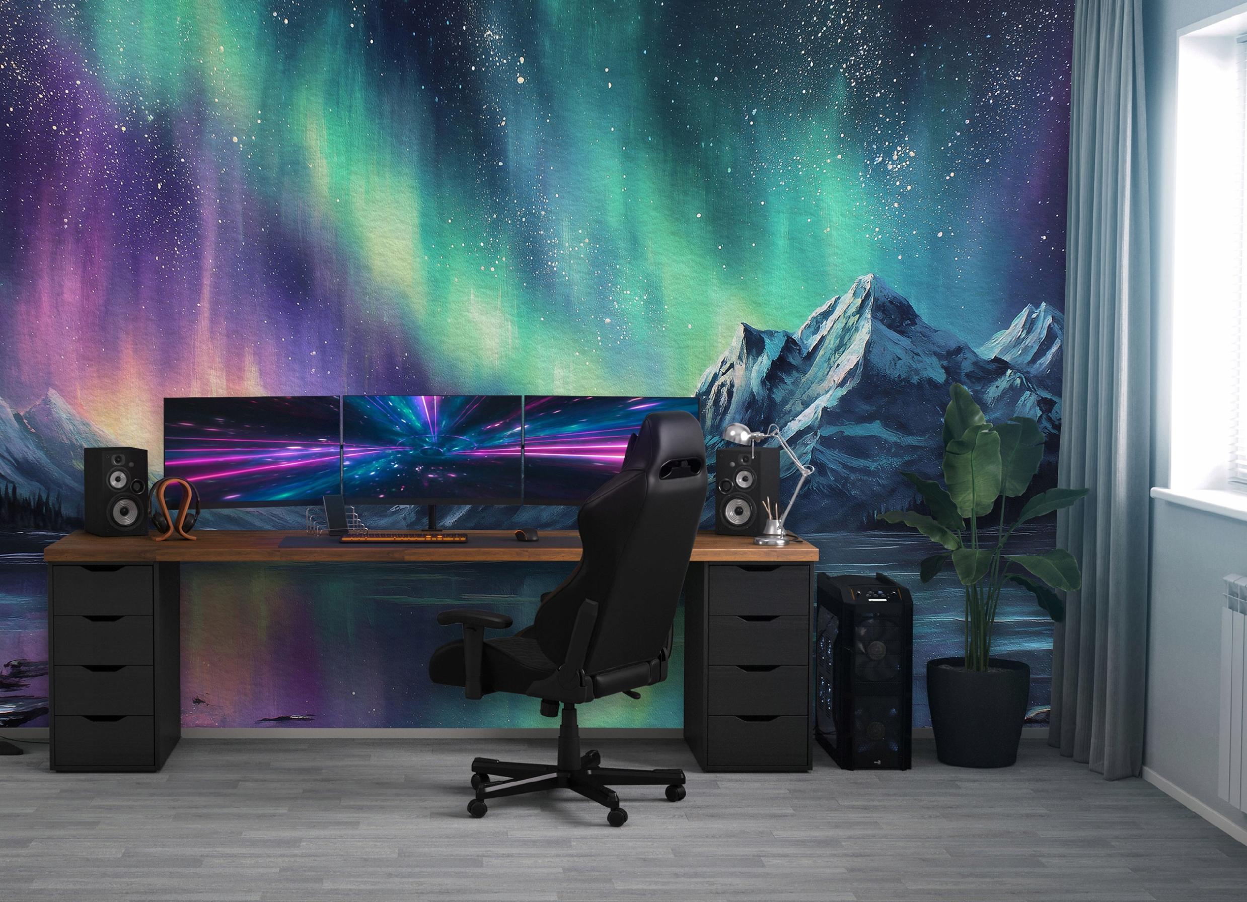 Photo wallpaper mountains northern lights bedroom living room wallpaper non-woven