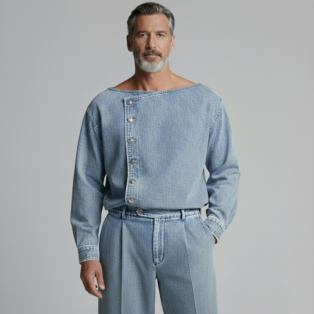 Men's Washed Denim Boat Neck Single Breasted Buttons Long Sleeve Shirt