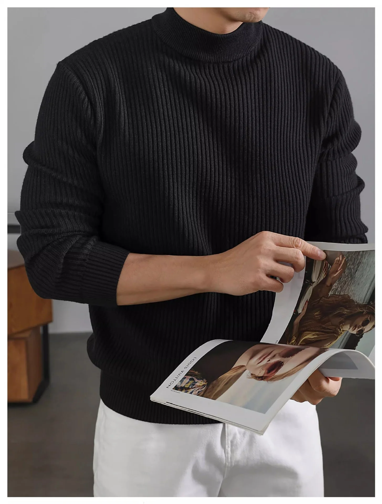 Mens Warm Korean-style Half-turtleneck Sweater With Vertical Stripes For Layering