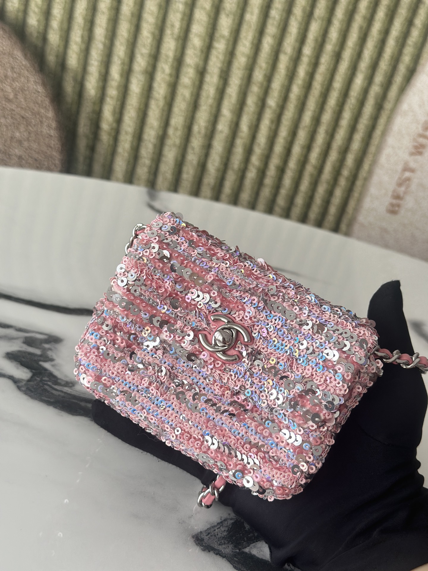 23C Large Mini Classic Flap Bag (AS3965) in Peach Pink Hand-Embroidered Sequins on Lambskin with Silver-Tone Hardware - Mocuir