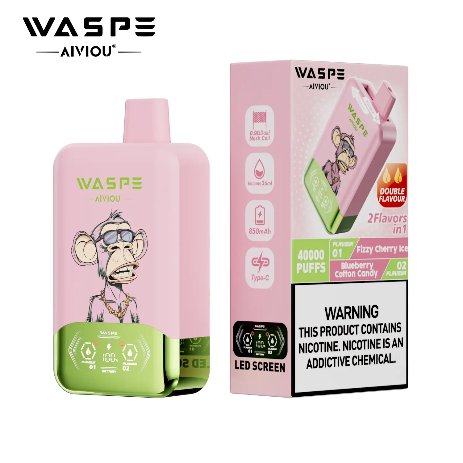 （3 pieces）WASPE 40000 40K Puffs Double Taste LCD Display Disposable Vape