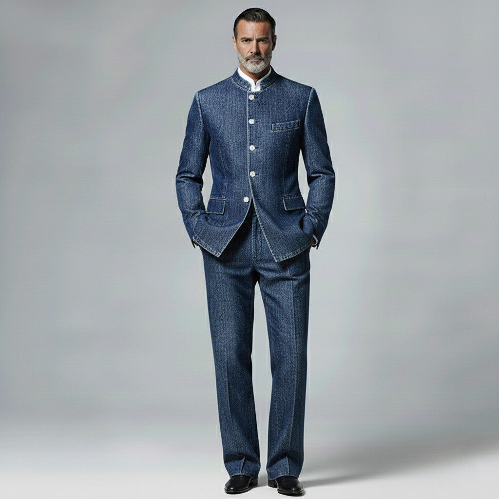 Men's Business Blue Denim Stand Collar Single Breasted Long Sleeve Blazer & Straight Jeans 2Pcs Set