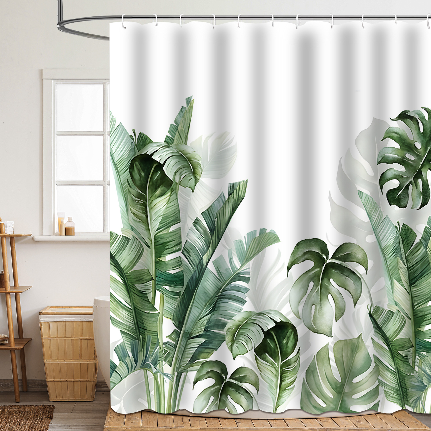 Shower curtain green plant leaf polyester 3d digital printing waterproof and mildew-proof shower bathroom partition