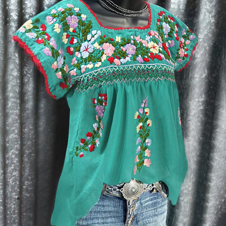 Green flower graphic loose casual western tees