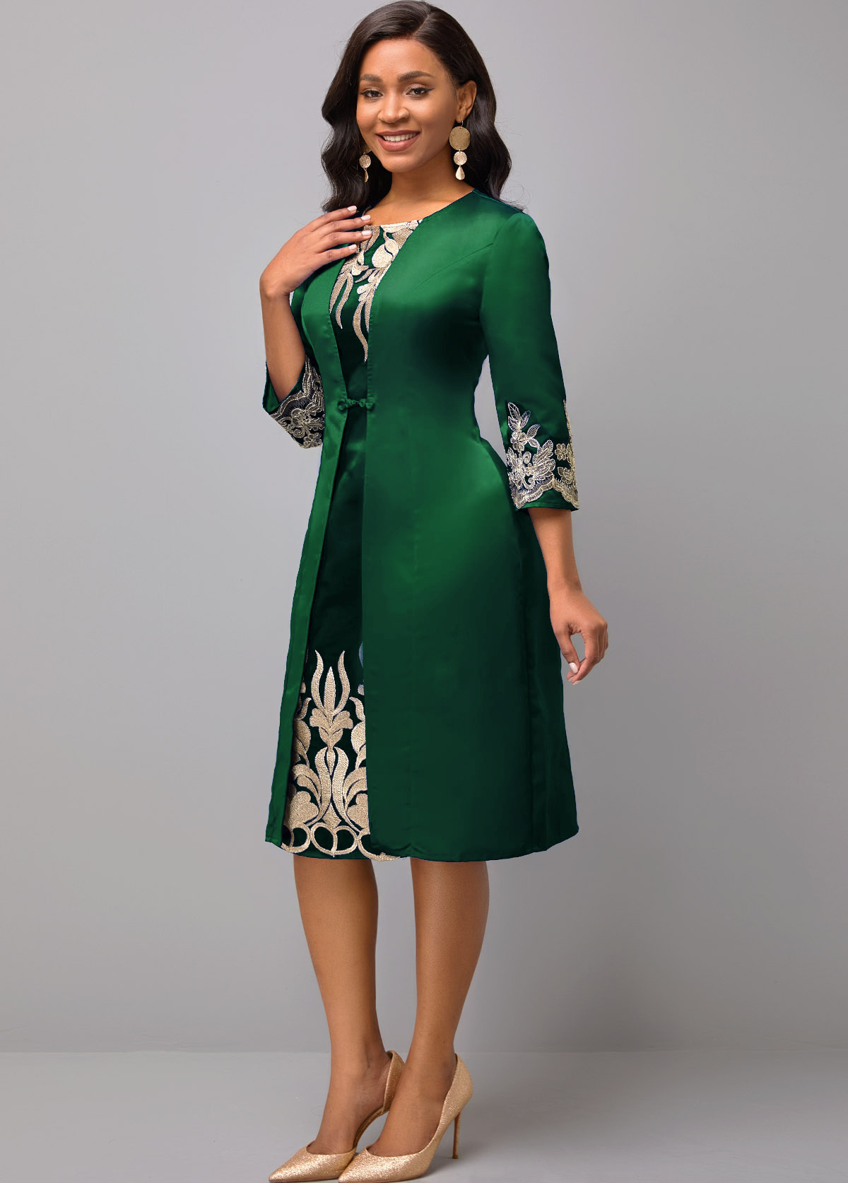 3/4 Sleeve Round Neck Embroidered Dress