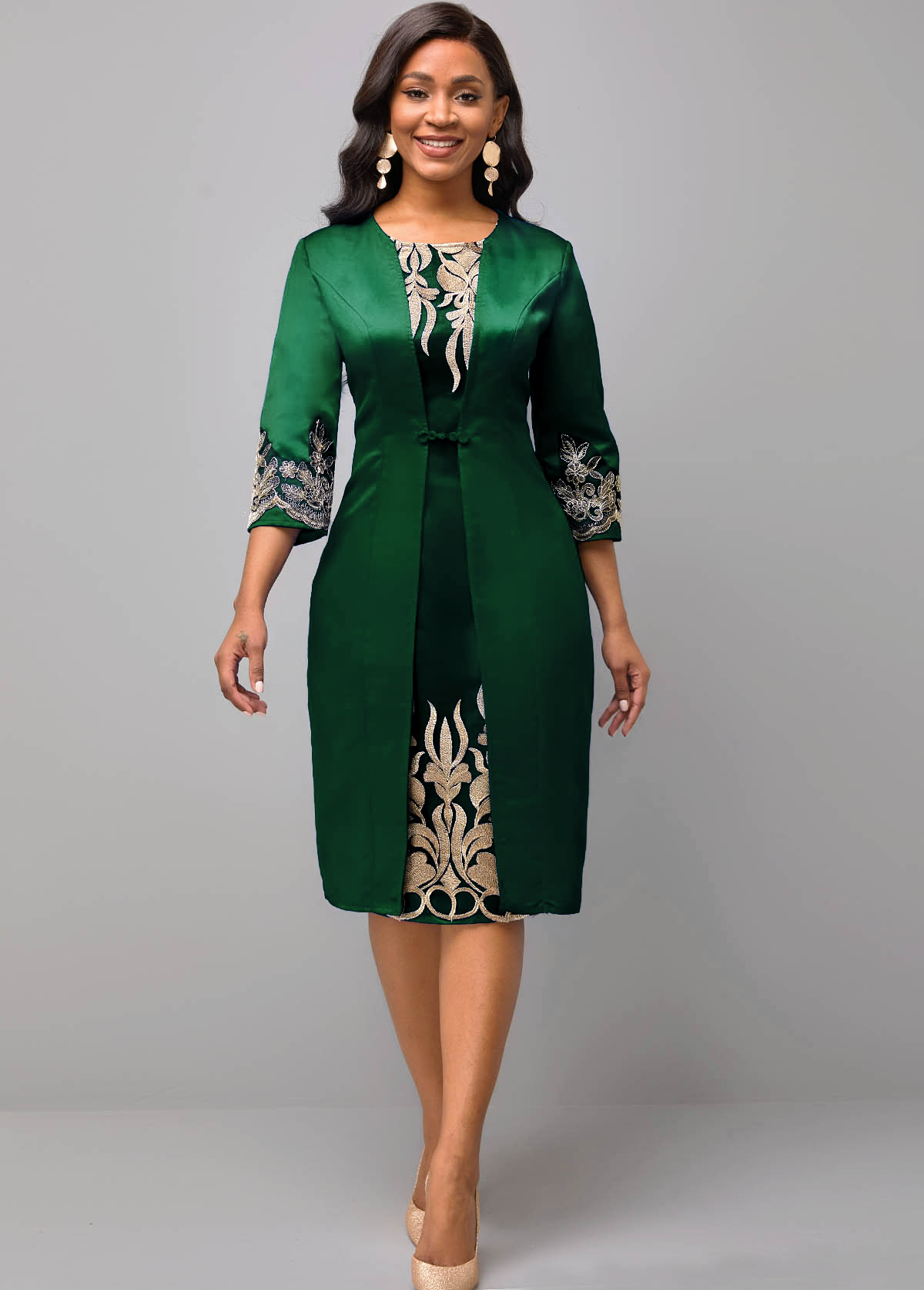 3/4 Sleeve Round Neck Embroidered Dress