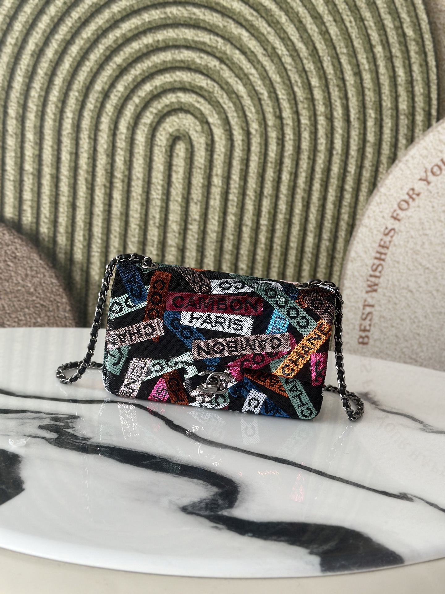 Limited Edition Cambon Paris Multicolor Sequin Mini Classic Flap Bag with Gunmetal Hardware - Mocuir