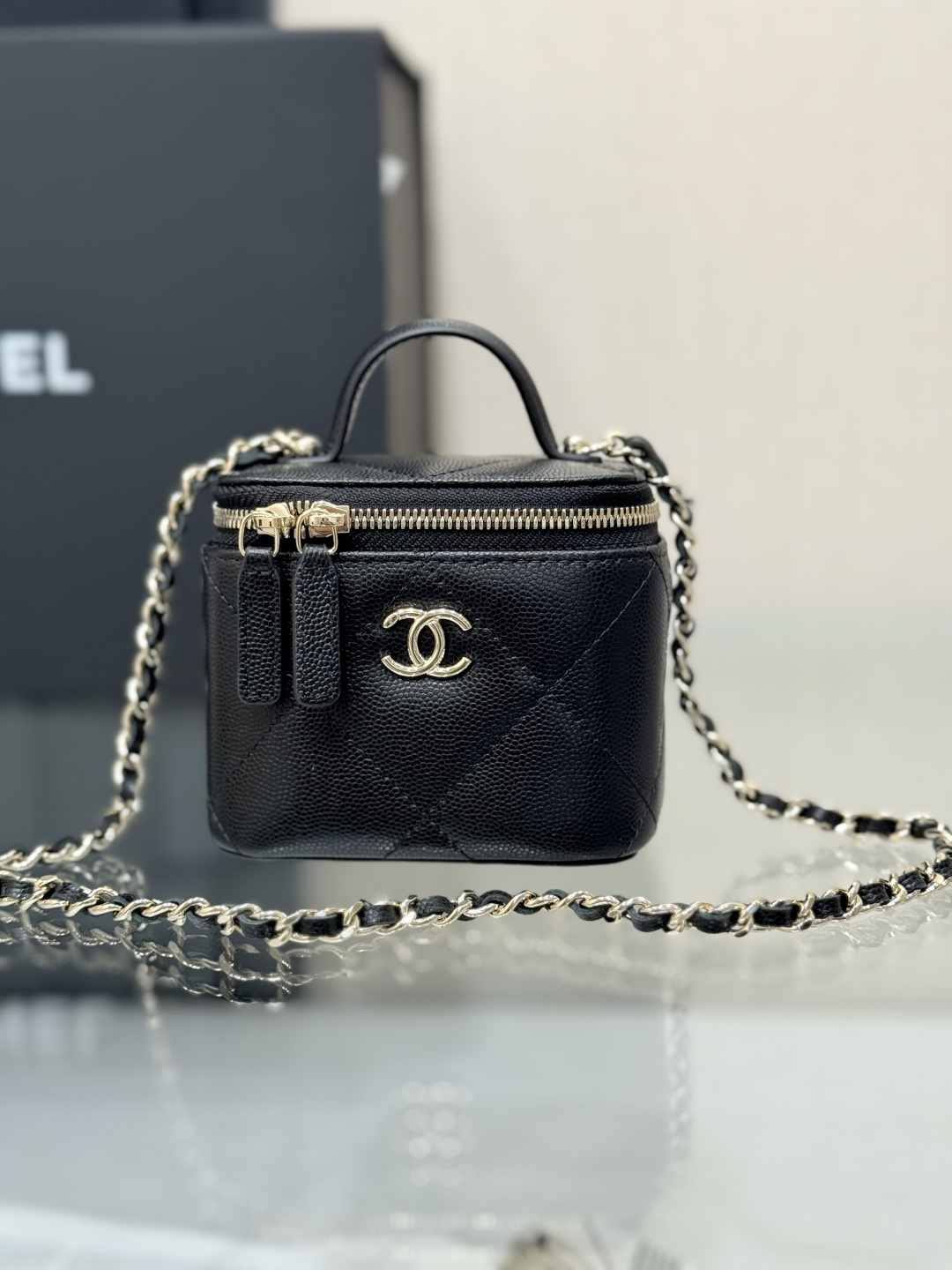 Mini Top Handle Vanity Case (AS5993) in Black Quilted Grained Calfskin (Caviar) with Antique Gold-Tone Hardware - Mocuir