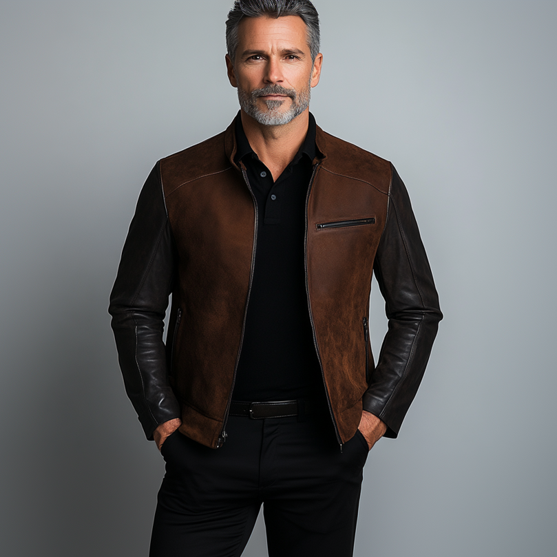 Men's Suede Patchwork PU Leather Stand Collar Zipper Jacket