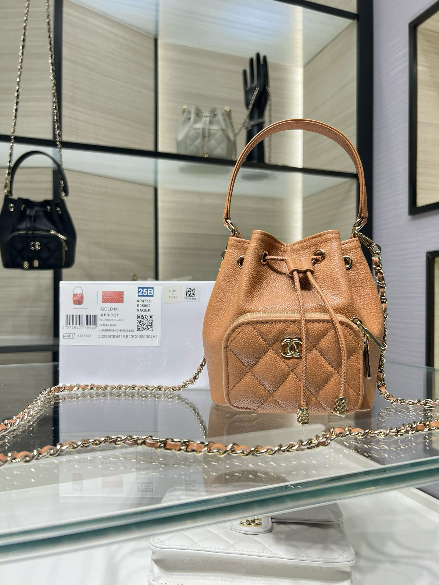 Small Drawstring Bucket Bag in Apricot Quilted Grained Calfskin with Gold-Tone Metal (Model AP4775) - Mocuir