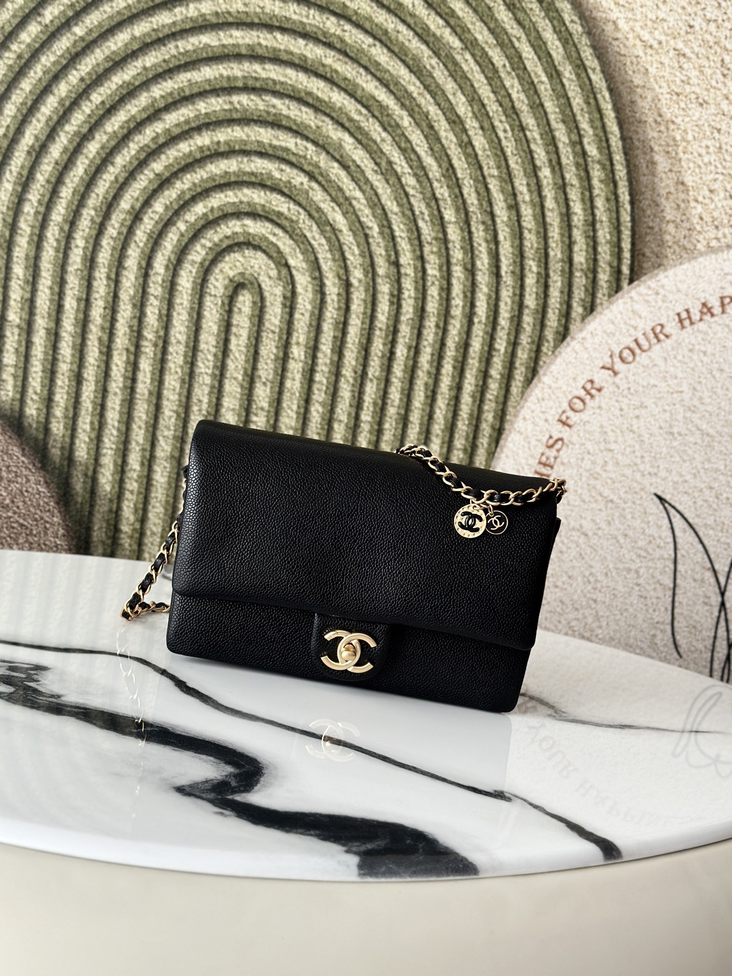 24K Black Caviar Quilted Medium Classic Flap Bag with Gold Hardware and CC Charms - Mocuir