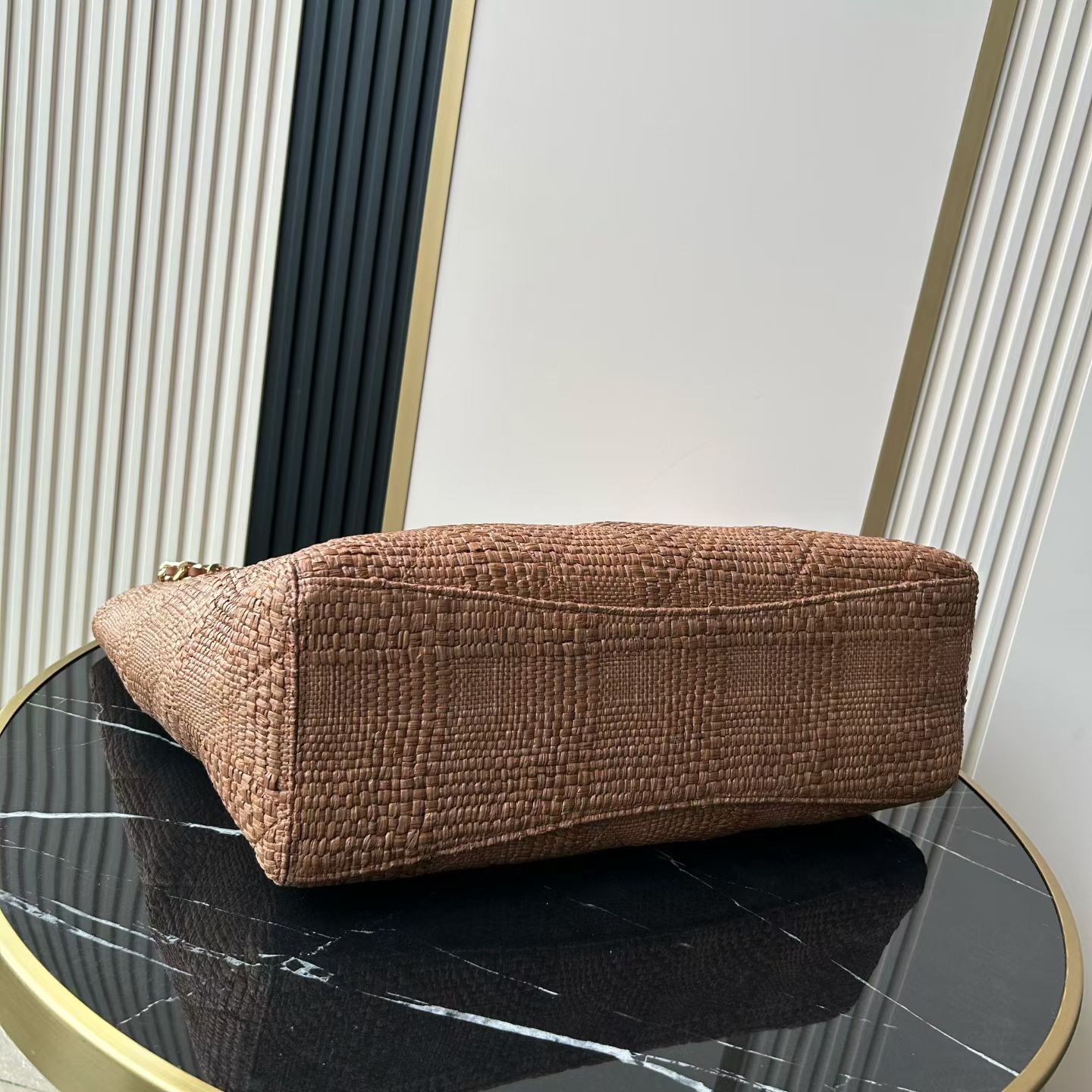 25C Caramel Woven Straw Large Tote Handbag with Calfskin Trim and Gold-Tone Hardware - Mocuir