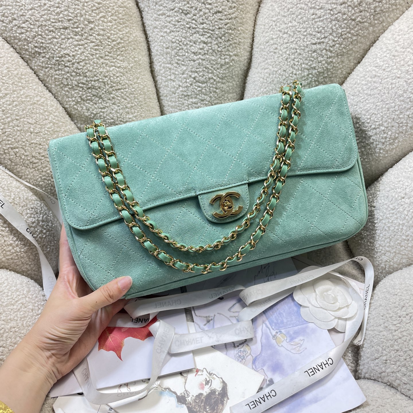 Spring-Summer 2026 Mint Green Quilted Suede Calfskin Classic Flap Handbag with Gold-Tone Hardware - Mocuir