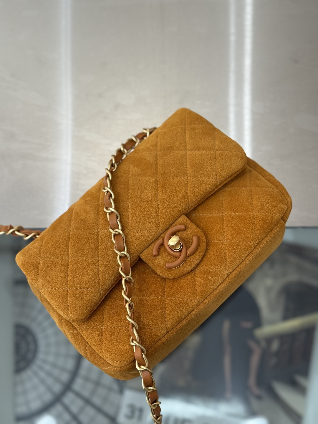 26C Cruise Mini Flap Bag in Caramel Mocha Suede Calfskin with Gold-Tone Hardware (Model AS5989) - Mocuir